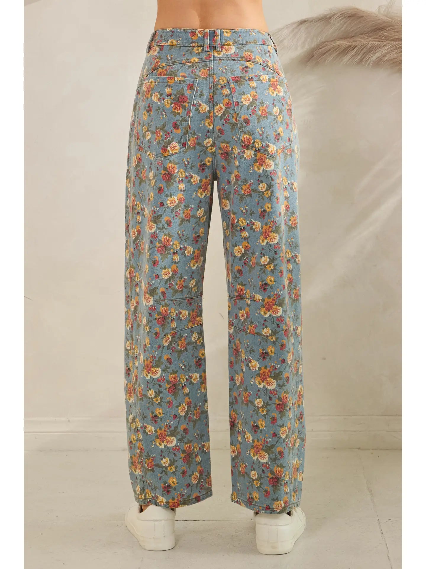 Mineral Washed Floral Denim Barrel Pants