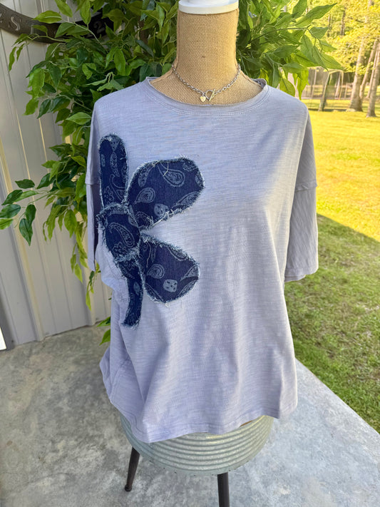 Denim Floral Patchwork Slub Plus Top