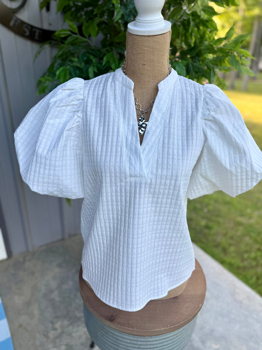 Vanna Split Neck Puff-Sleeve Textured Top