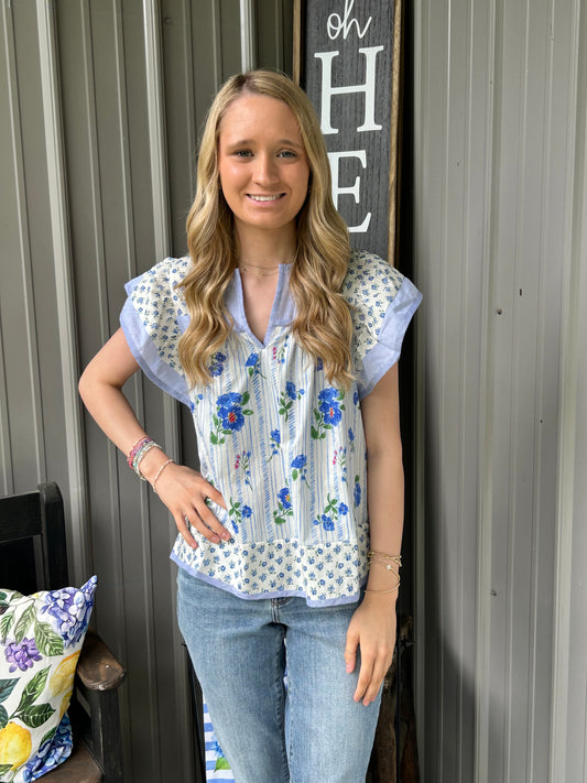 Heidi Mixed Print Flutter Sleeve Top