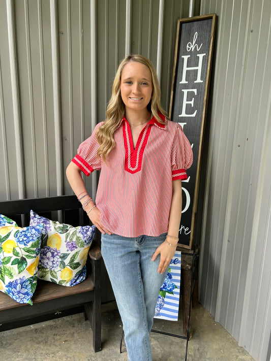 Striped Collared V Neck Top