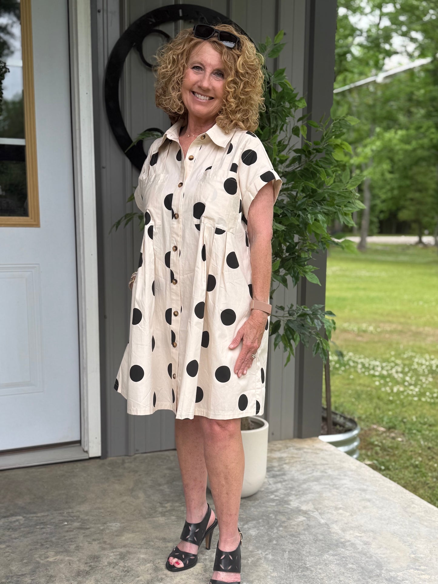 Polka Dot Button Down Pleated Poplin Dress