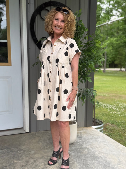 Polka Dot Button Down Pleated Poplin Dress