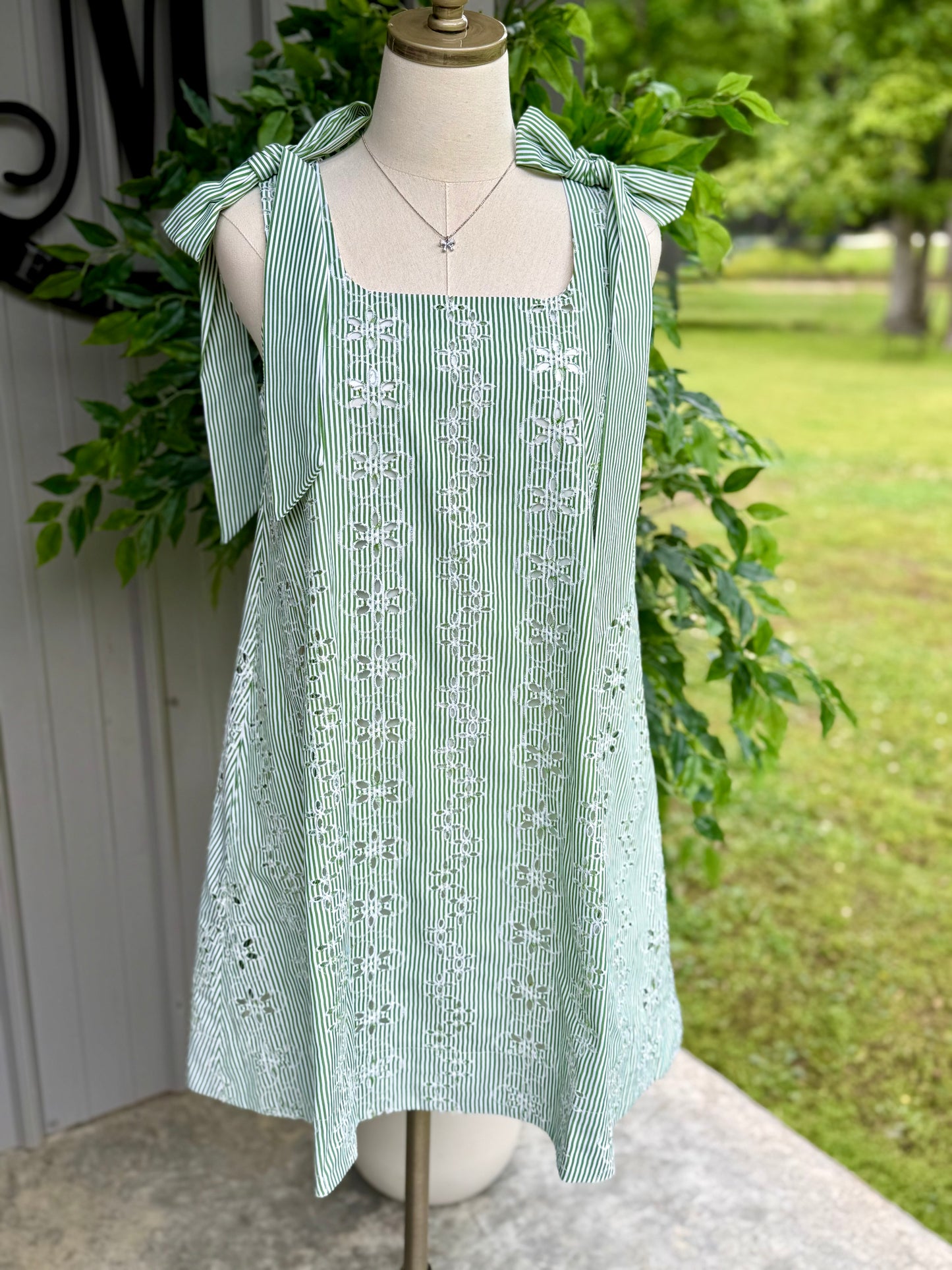 Jenna Striped Eyelet Tie Shoulder Dress