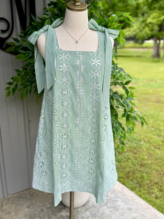 Jenna Striped Eyelet Tie Shoulder Dress
