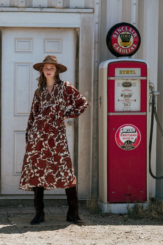 Smocked Boho Floral Midi Dress