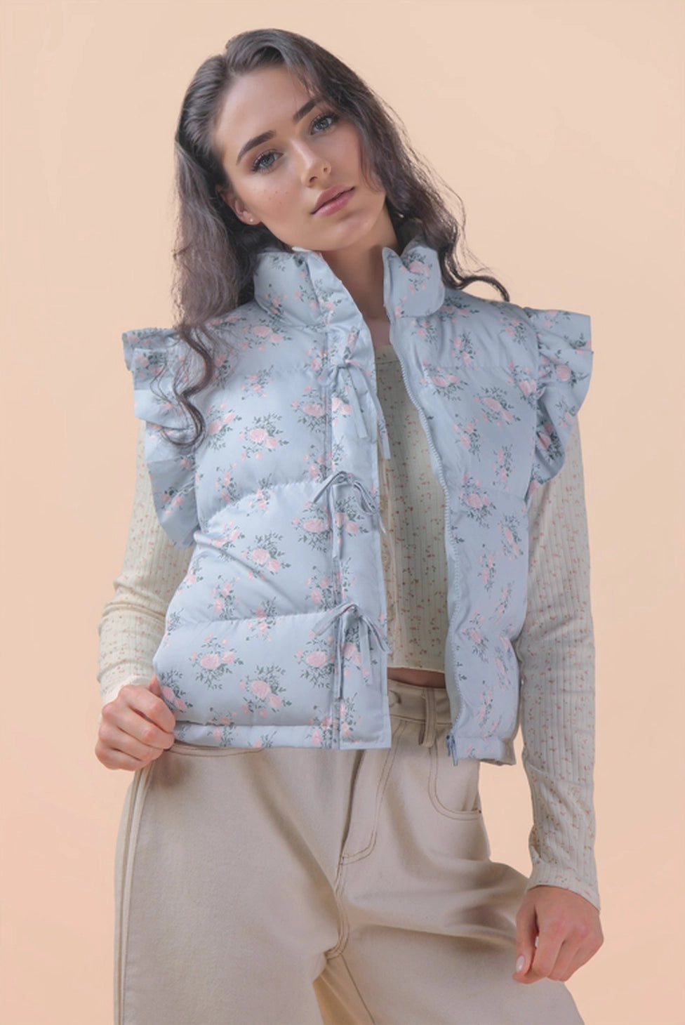 Floral Bow Ruffle Sleeve Puffer Vest