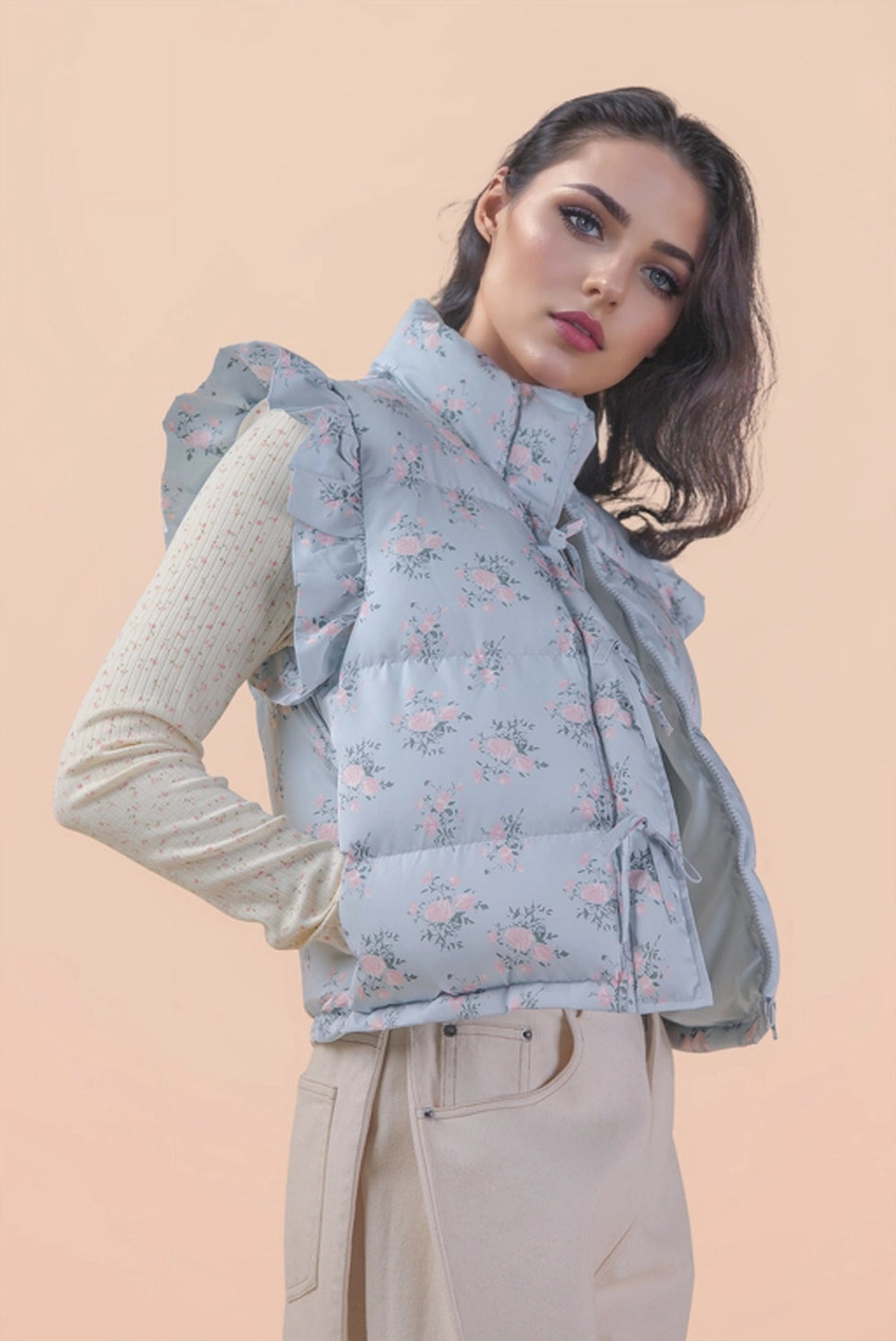 Floral Bow Ruffle Sleeve Puffer Vest