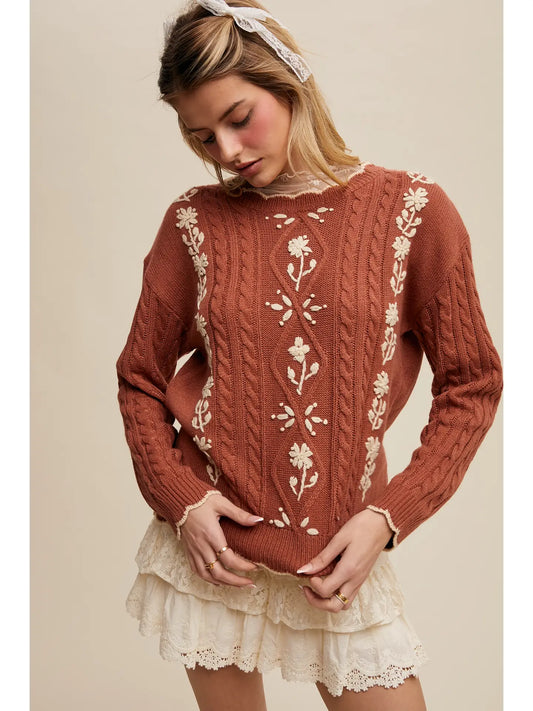 Haddy Floral Embroidered Cable Sweater
