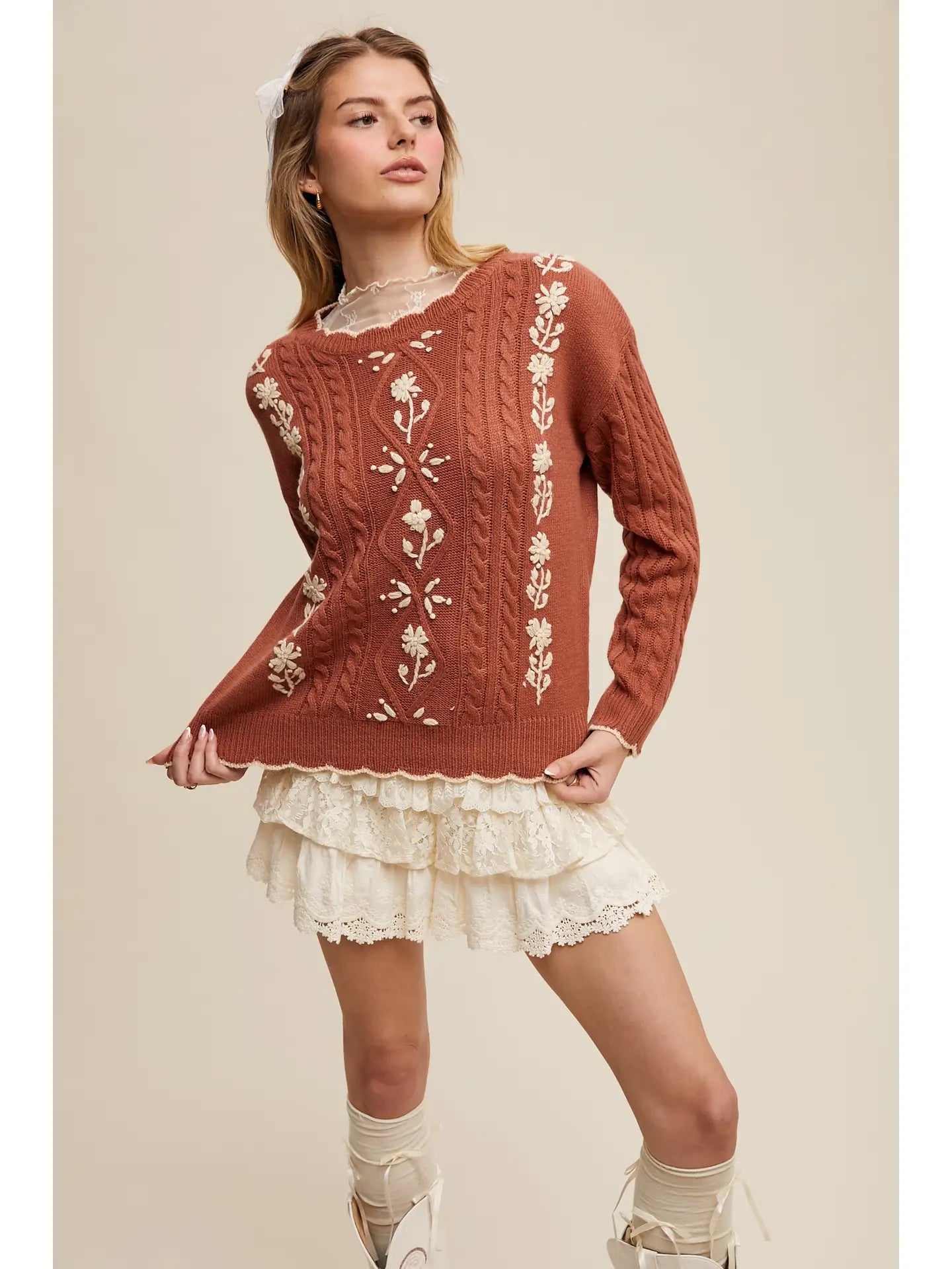 Haddy Floral Embroidered Cable Sweater