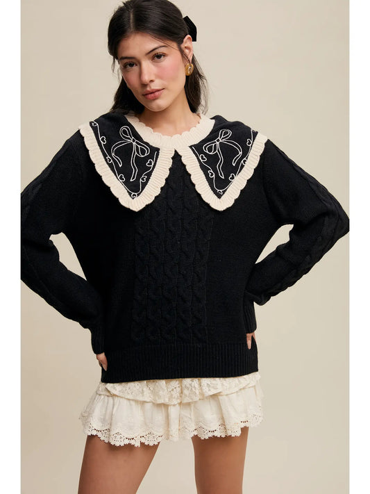 Bow Embroidered Cable Sweater