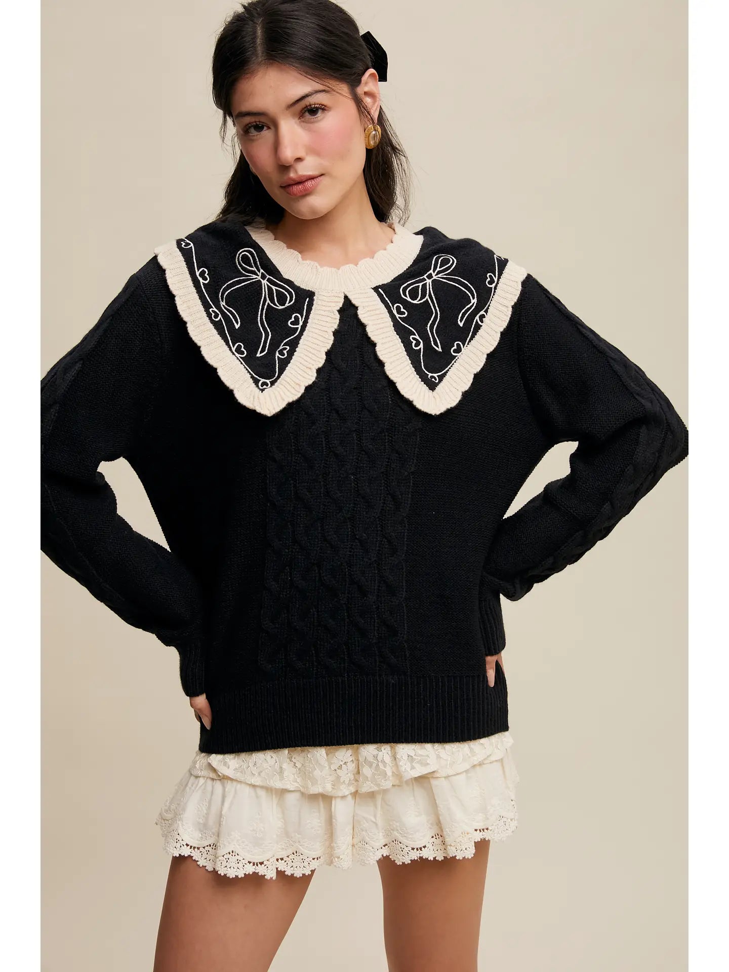 Bow Embroidered Cable Sweater