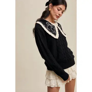 Bow Embroidered Cable Sweater