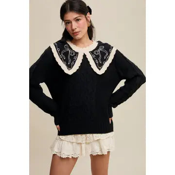 Bow Embroidered Cable Sweater