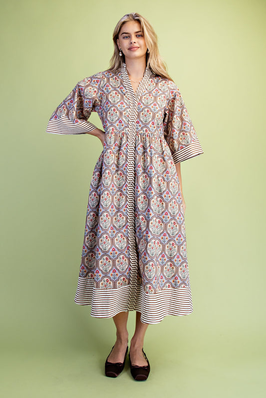 Mixed Print Button Down Midi