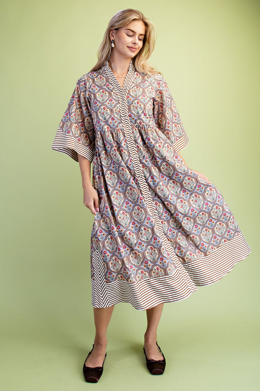 Mixed Print Button Down Midi
