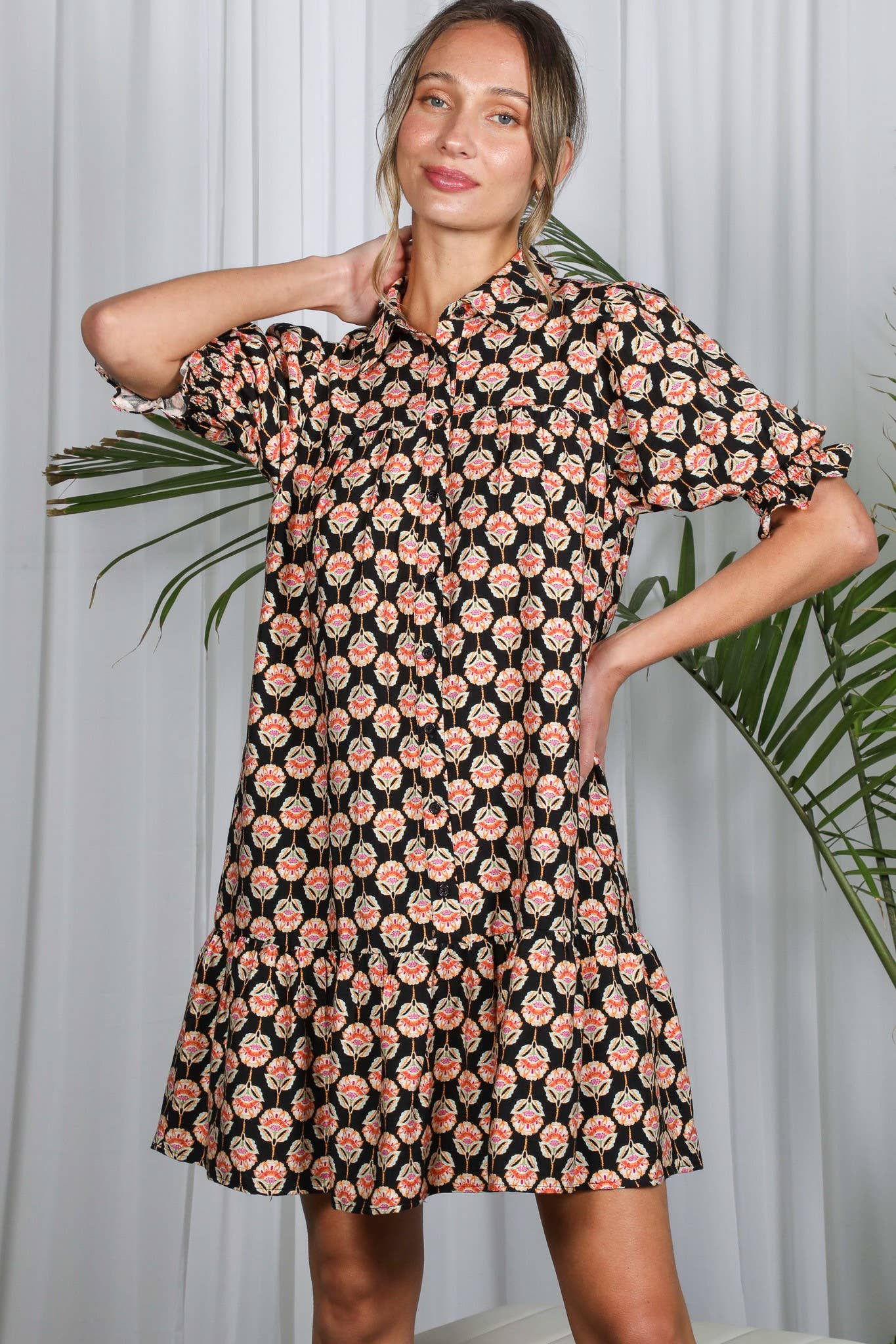 Floral Geo Smocked Ruffled Shirt Dress