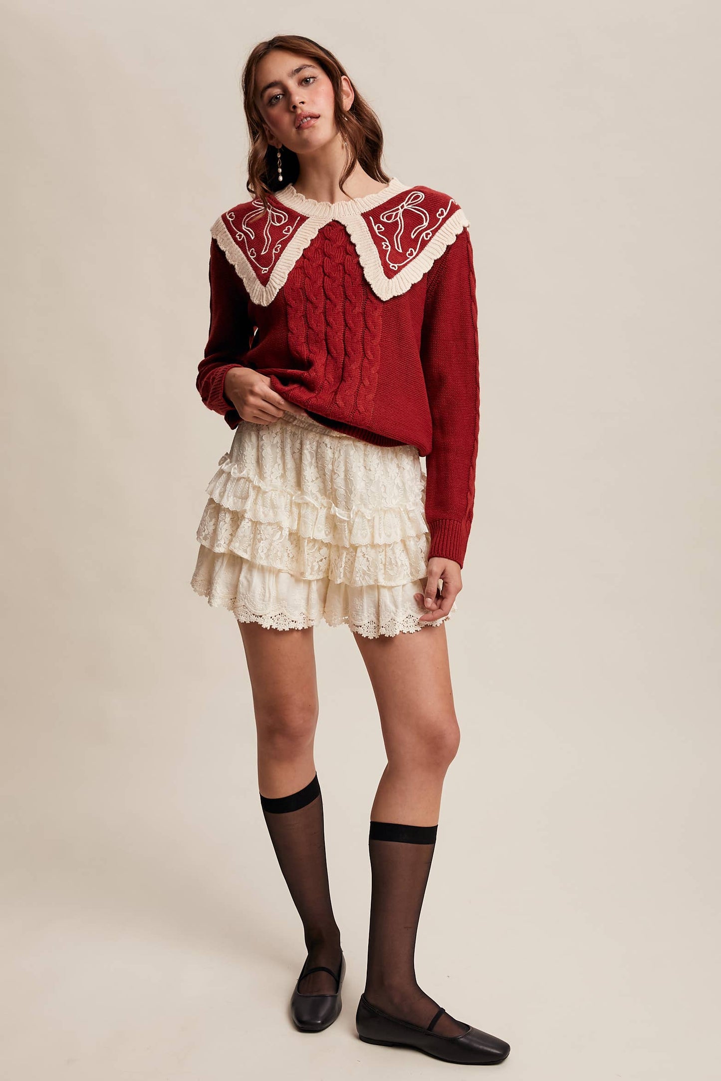 Bow Embroidered Cable Sweater
