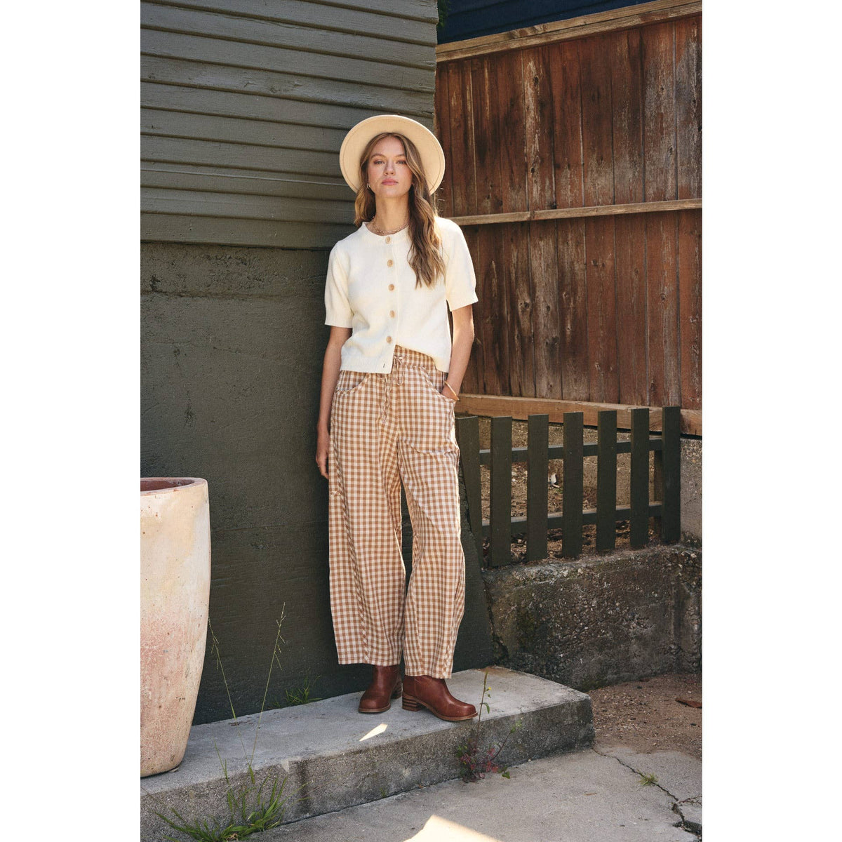 Easy Day Relaxed Gingham Cotton Barrel Leg Pants