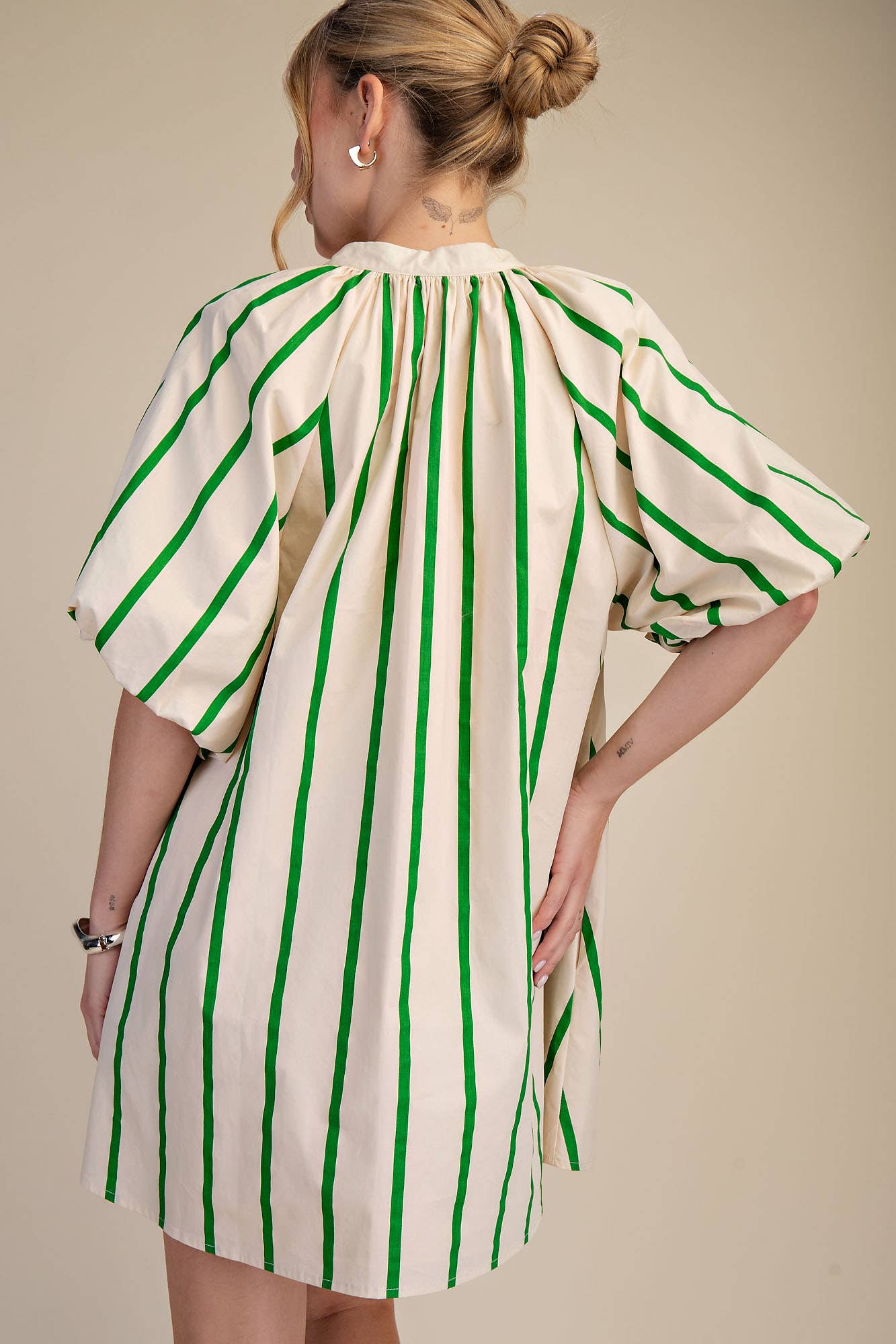 Riza Puff-Sleeve Stripe Swing Shift Dress