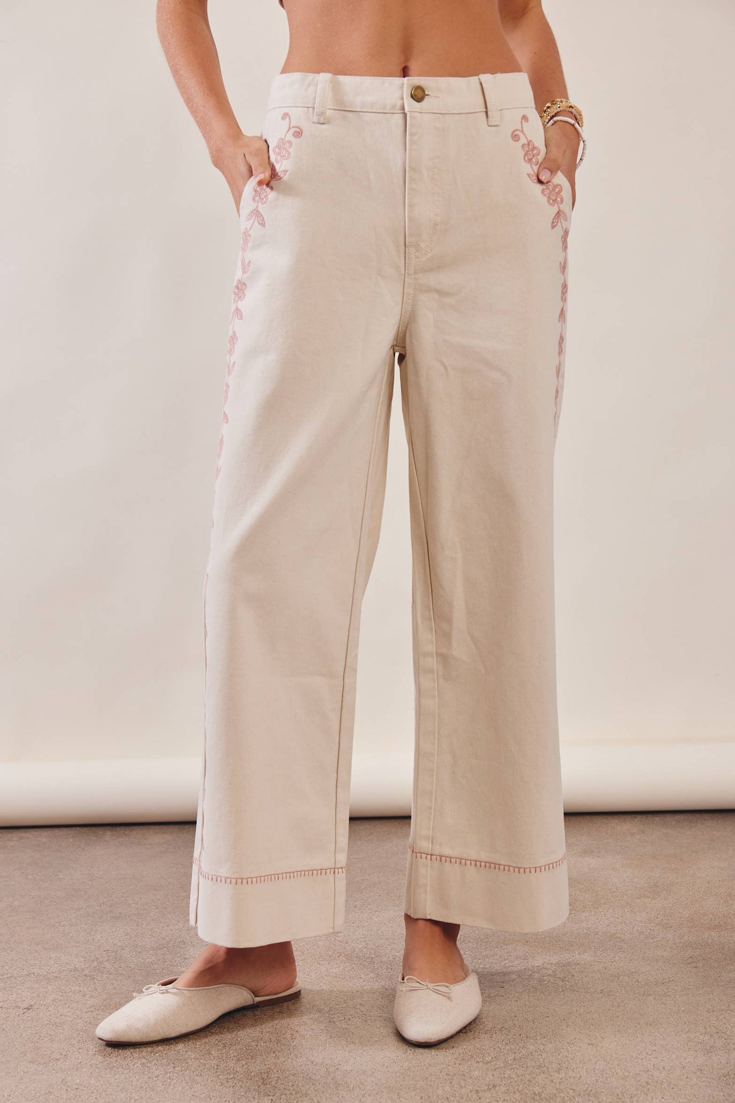 Floral Embroidered Cropped Pants