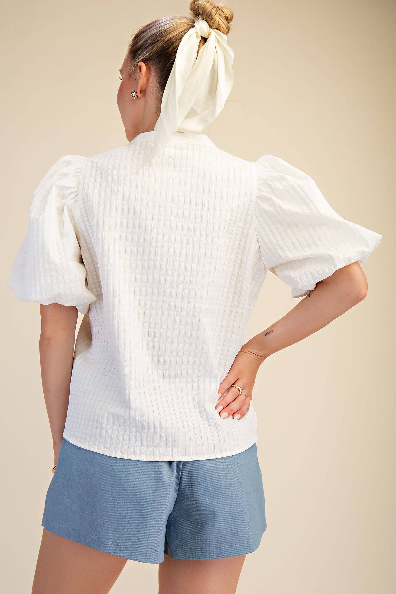 Vanna Split Neck Puff-Sleeve Textured Top