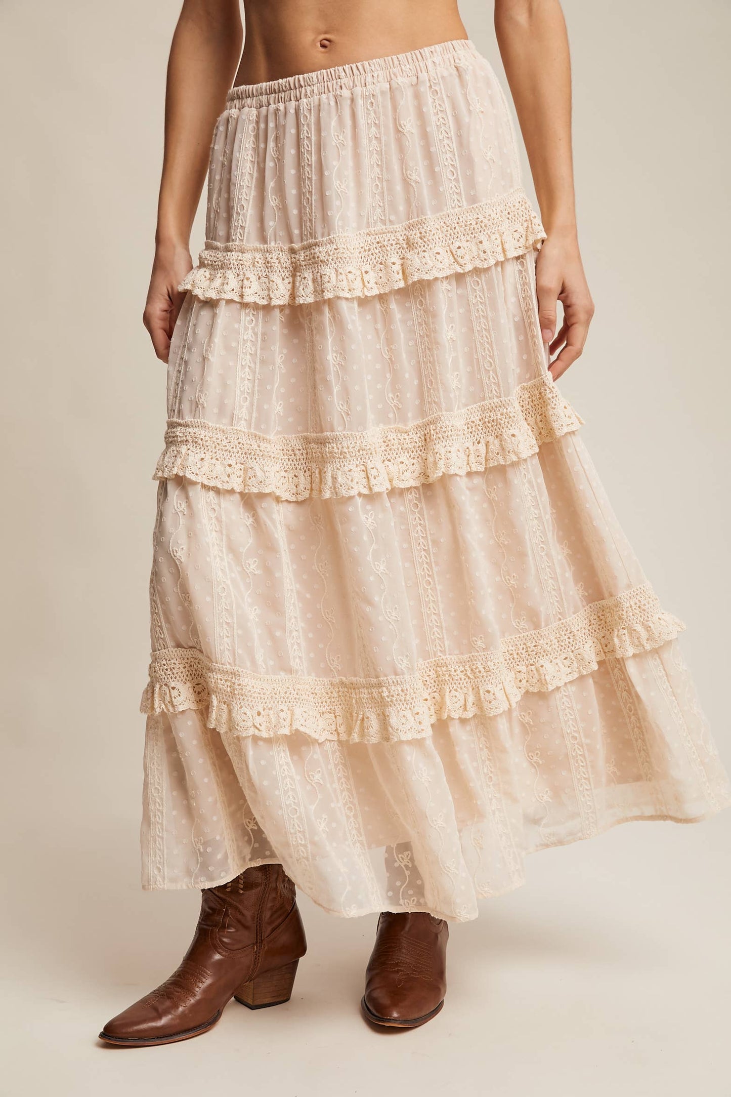 Embroidered Lace Tiered Maxi Skirt