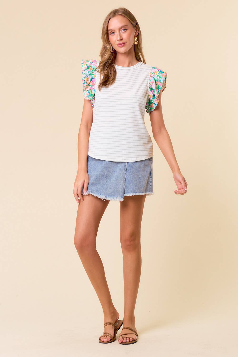 Daphne Ruffle Cap Sleeve Stripe & Floral Mixed Top