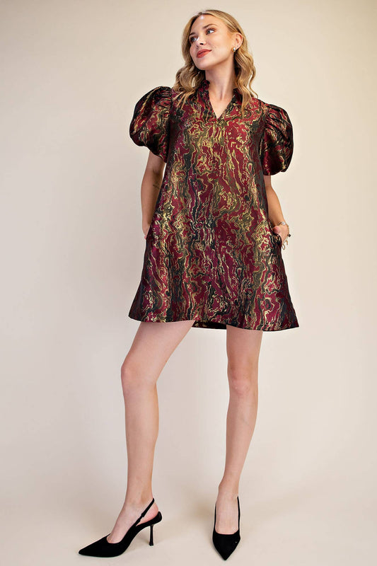 Metallic Jacquard Puff Sleeve Dress