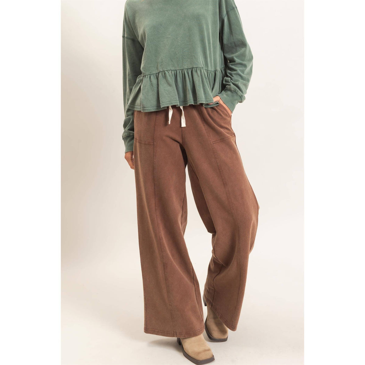 Acid Wash Drawstring Waist Wide Leg Pants