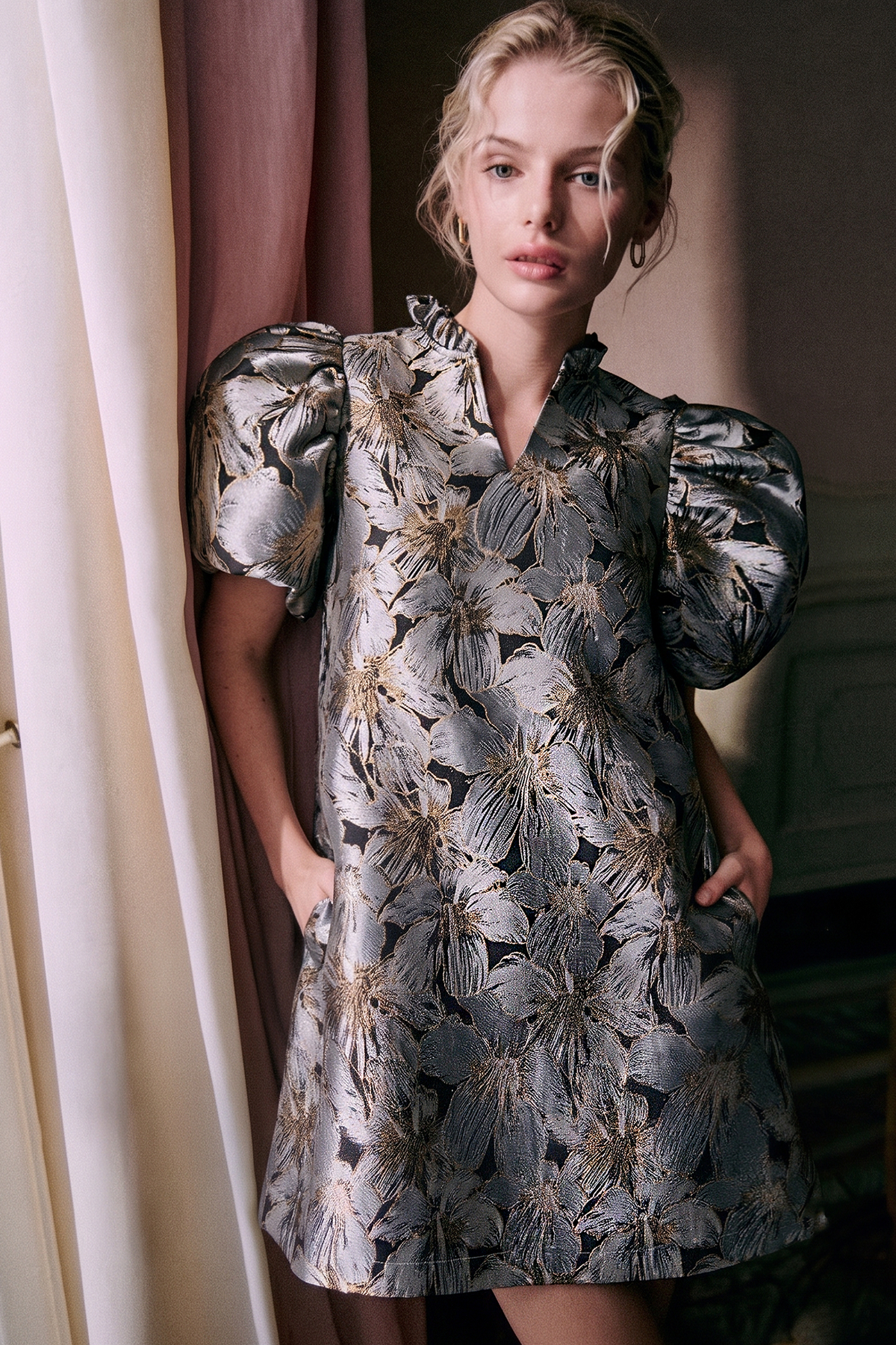 Metallic Jacquard Puff Sleeve Mini Dress