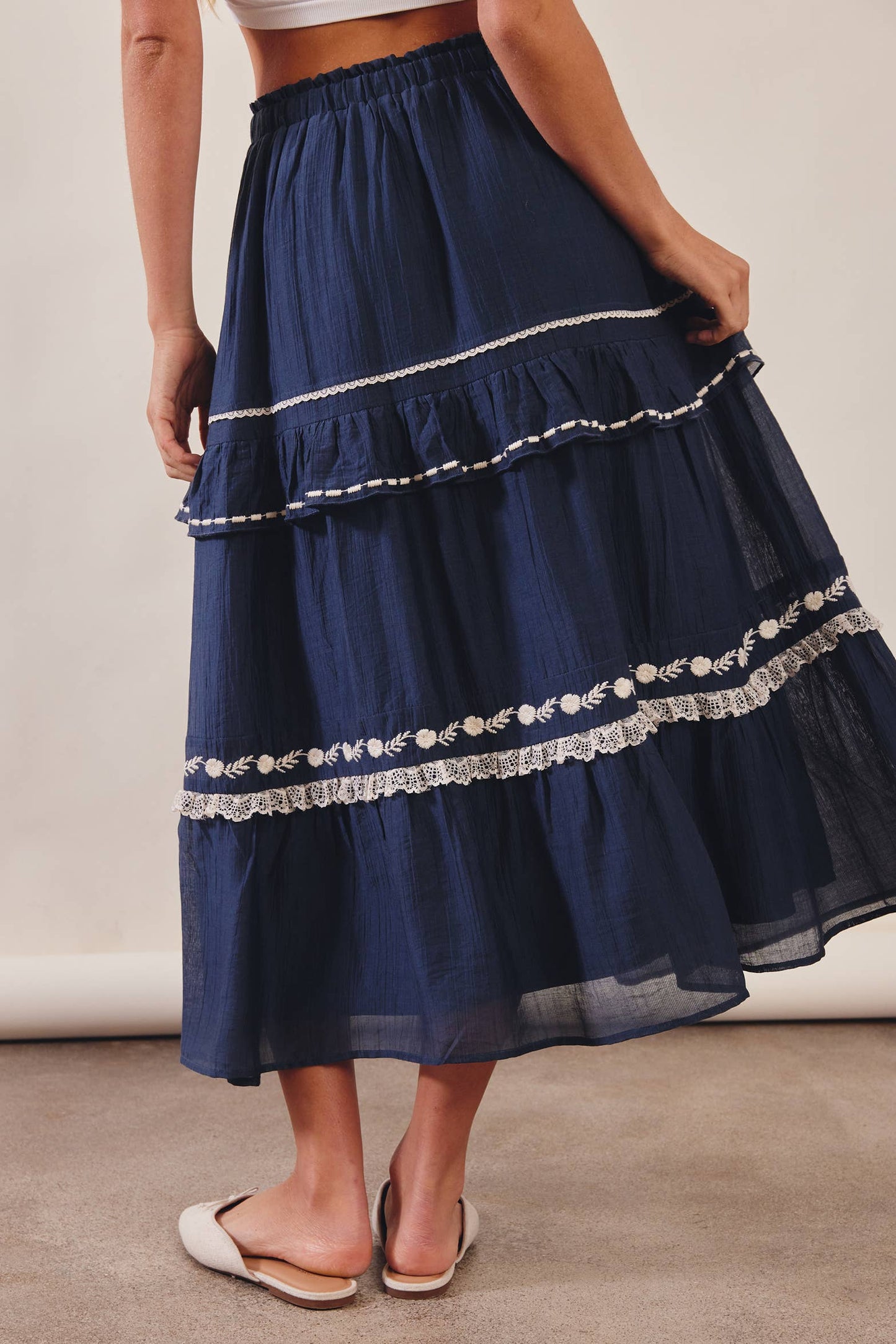 The Lace Trimmed Embroidered Tiered Maxi Skirt