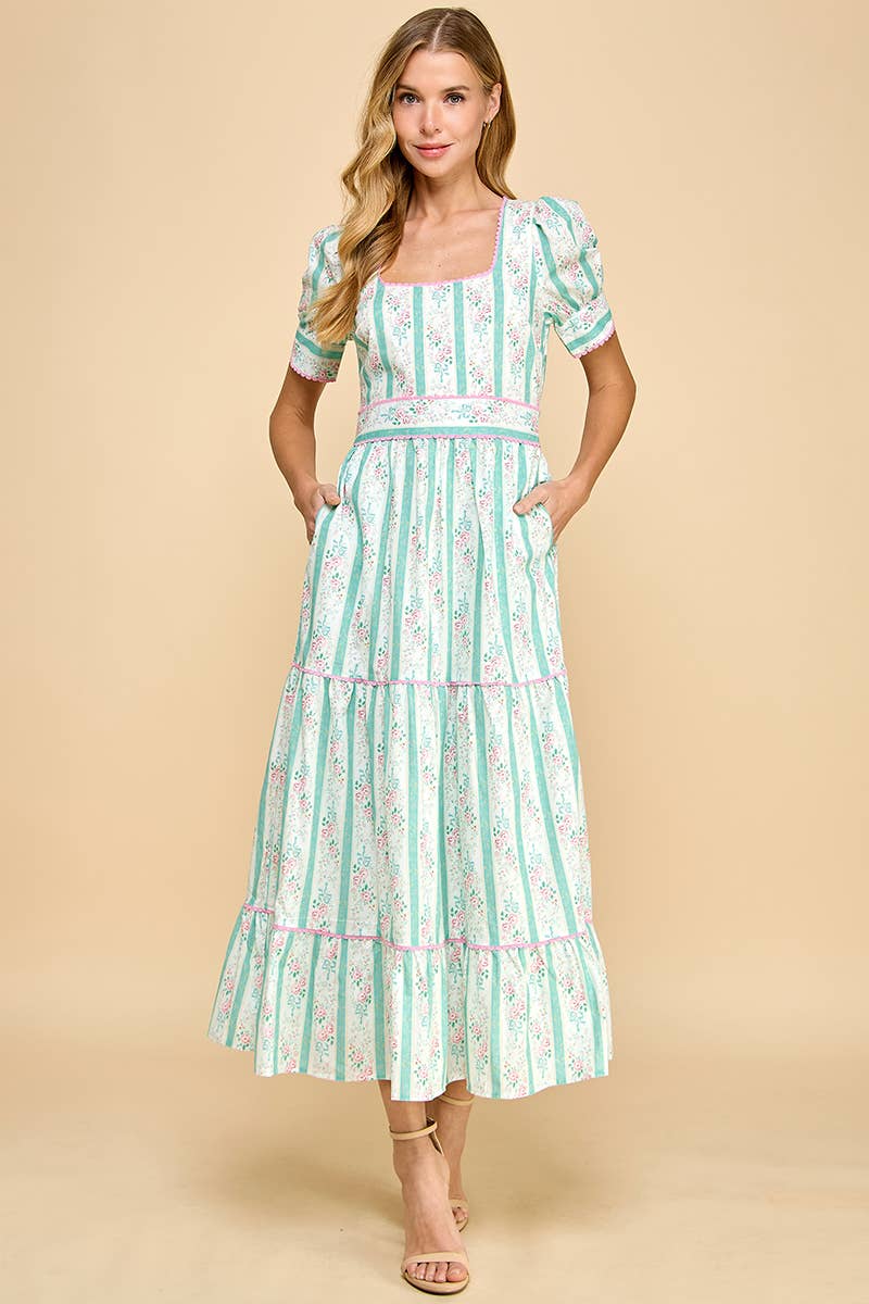 Victoria Striped Floral Midi Dress