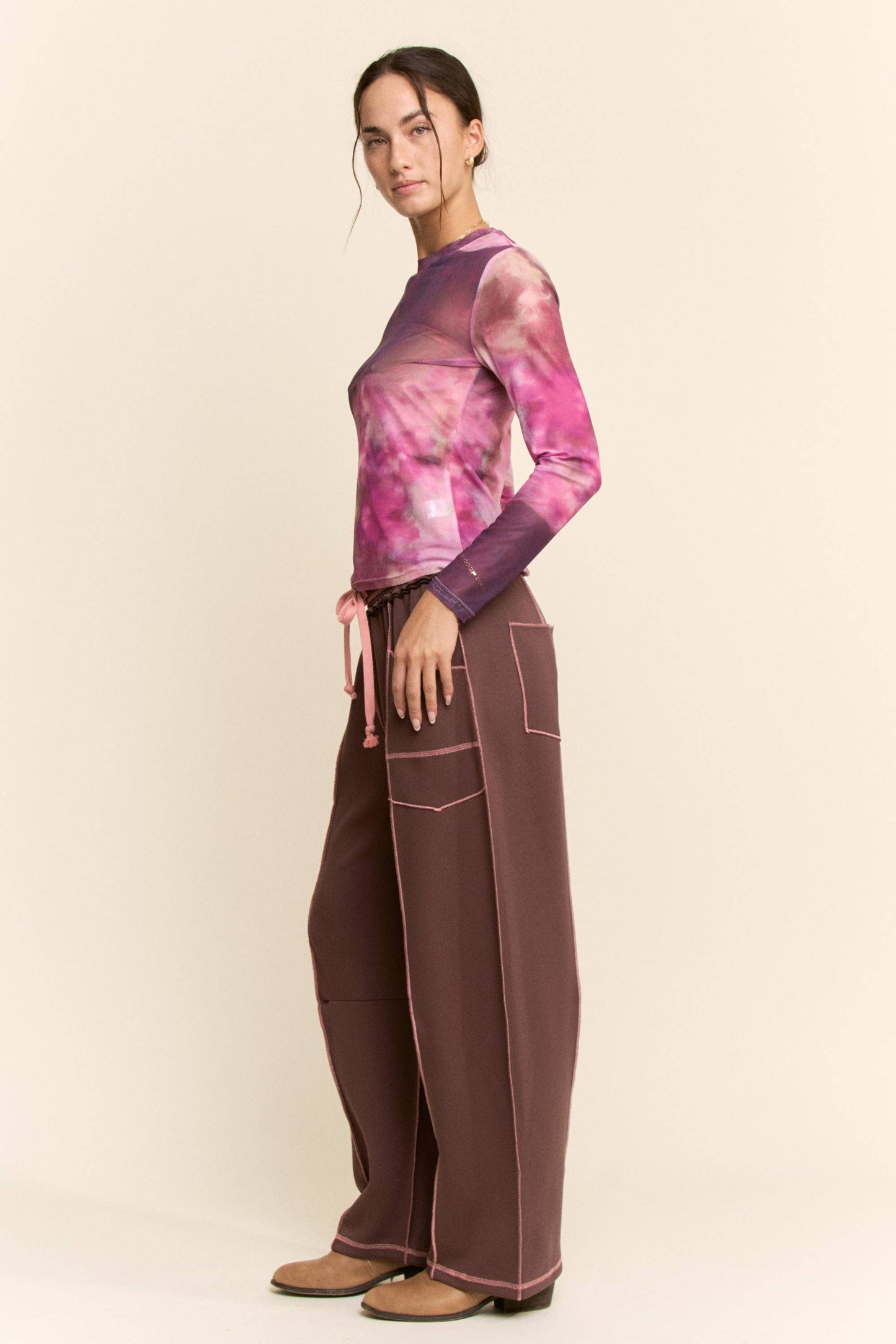 Mocha with Pink Trim Barrel Pants