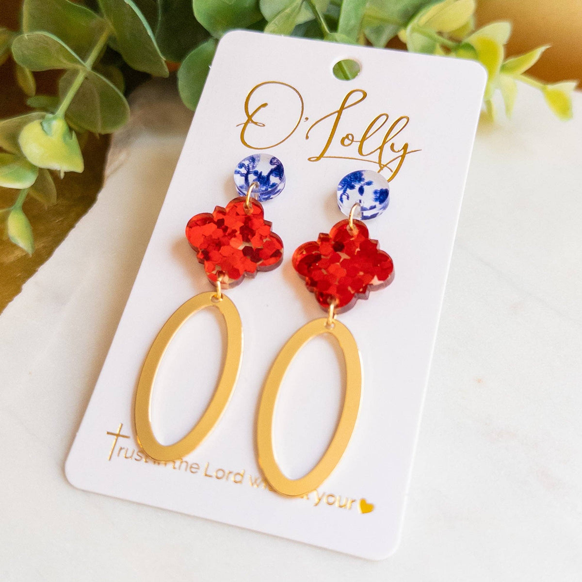 Red Glitter & Blue Floral w/Open Gold Oval Earrings