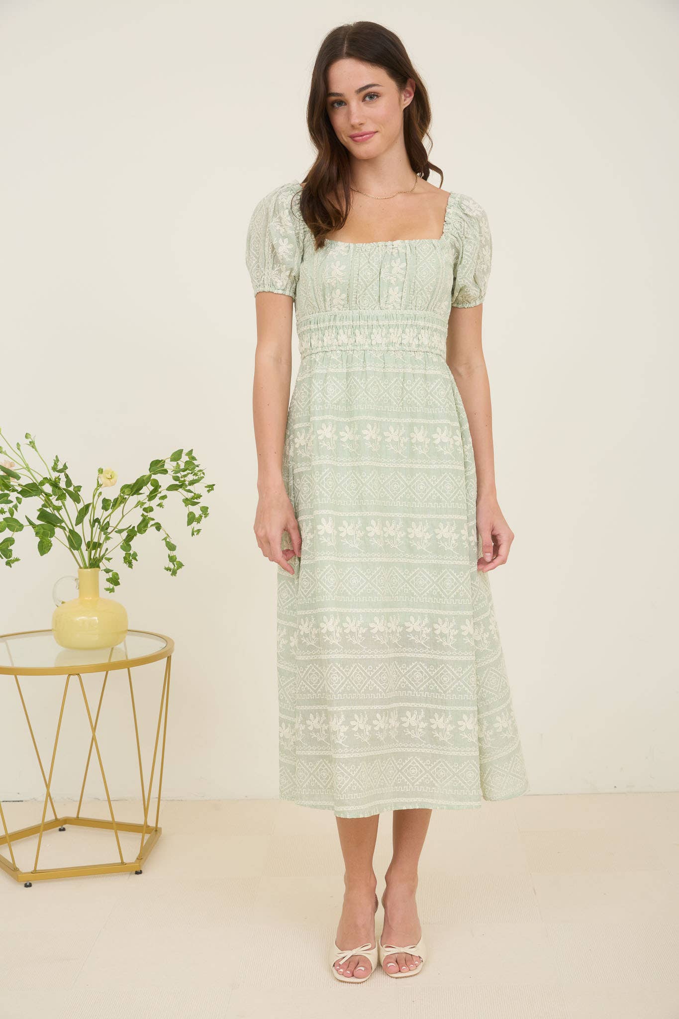 Anna Striped Floral Embroidery Detail Midi Dress - Milly's Boutique