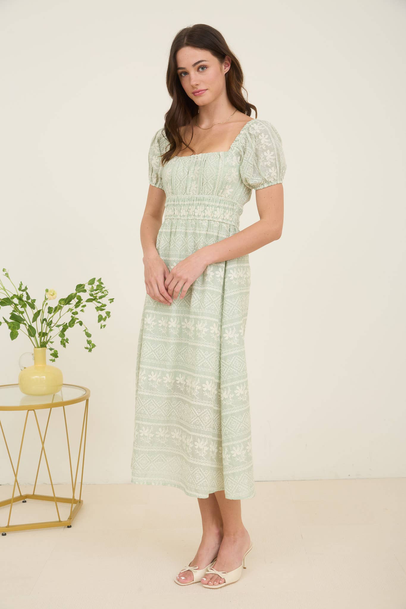 Anna Striped Floral Embroidery Detail Midi Dress - Milly's Boutique