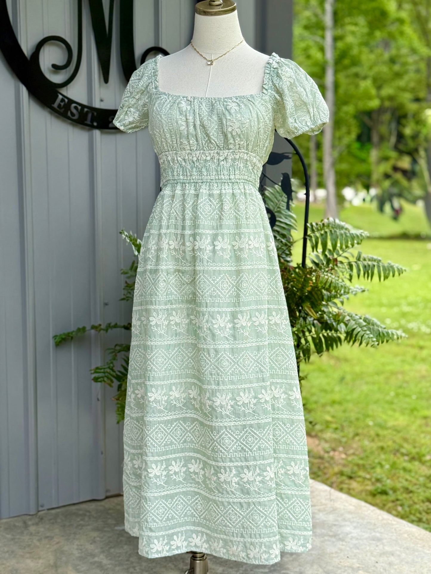 Anna Striped Floral Embroidery Detail Midi Dress - Milly's Boutique
