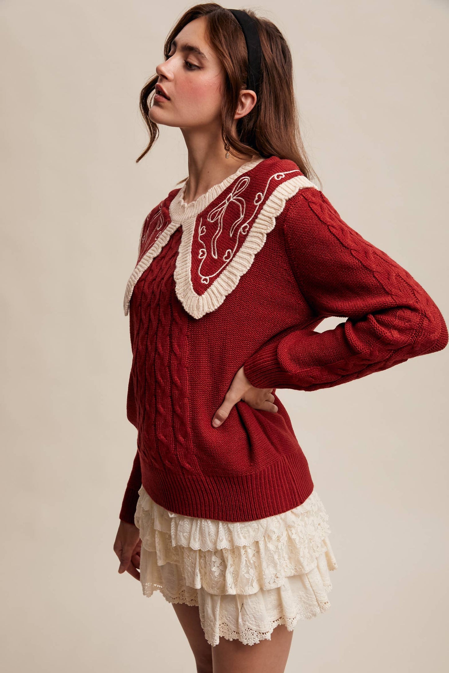 Bow Embroidered Cable Sweater