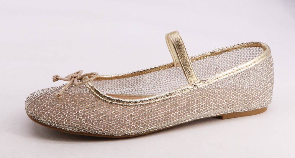 Gold Mesh Bow Tie Mary Jane Flats