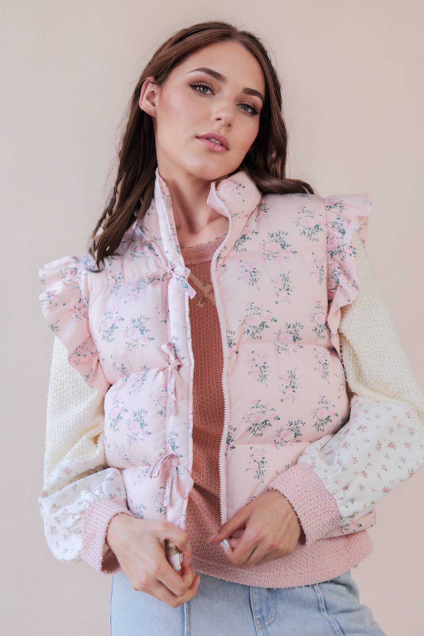 Floral Bow Ruffle Sleeve Puffer Vest