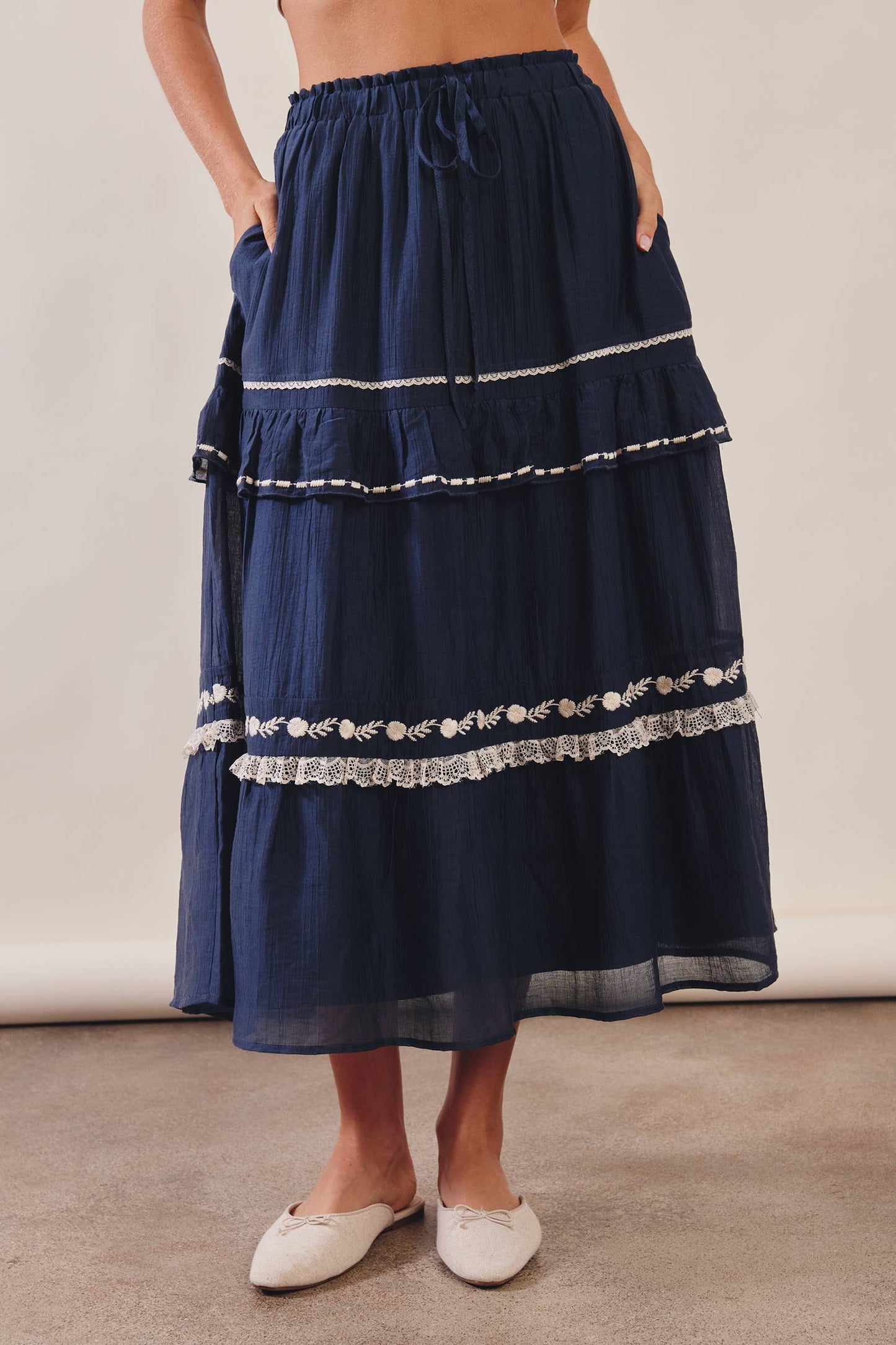 The Lace Trimmed Embroidered Tiered Maxi Skirt