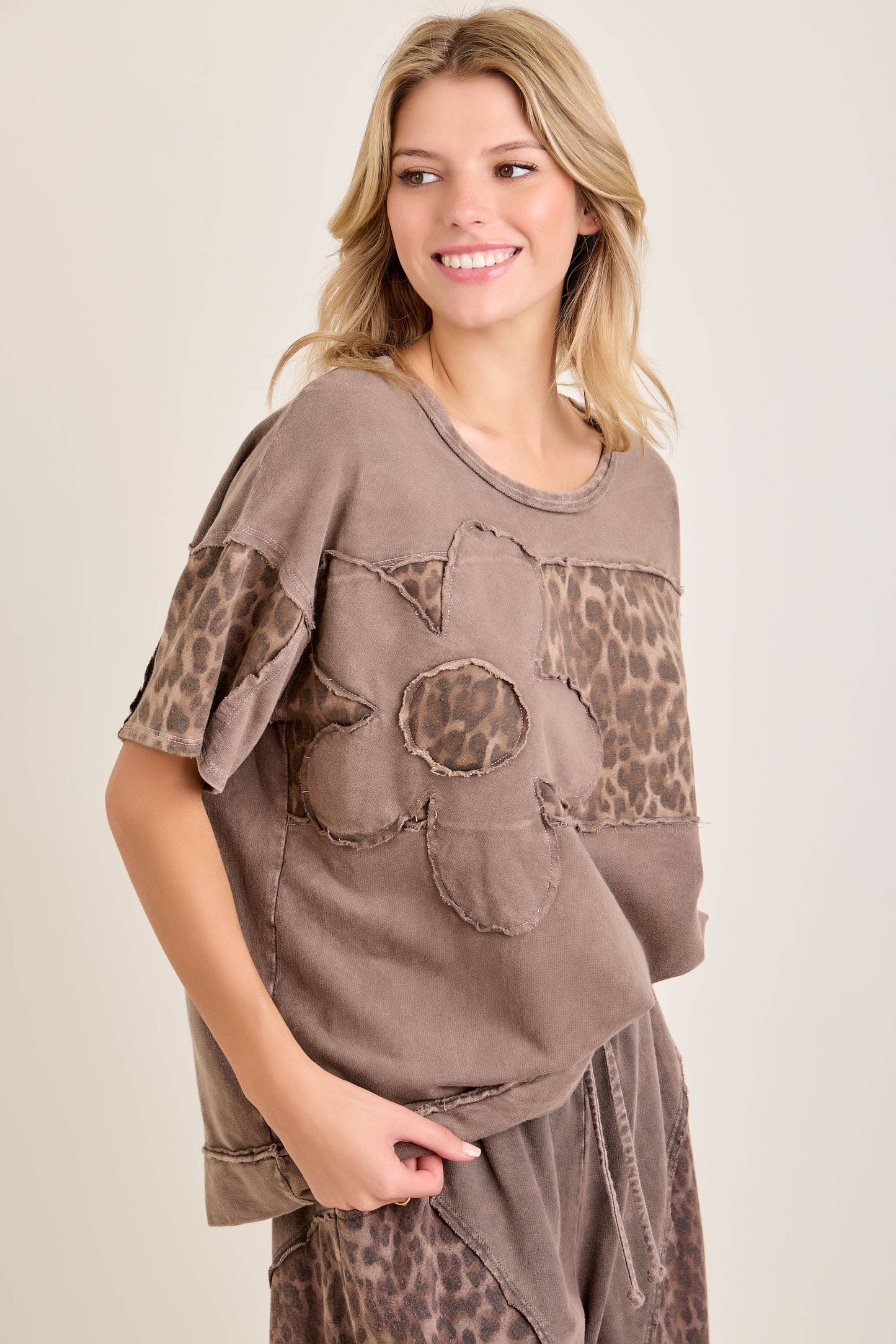 Mineral Washed Leopard Cheetah Daisy Patched Top