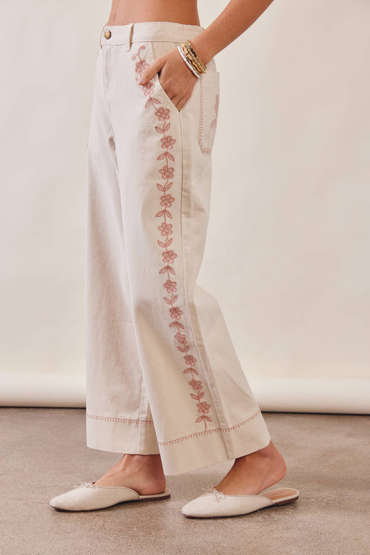 Floral Embroidered Cropped Pants