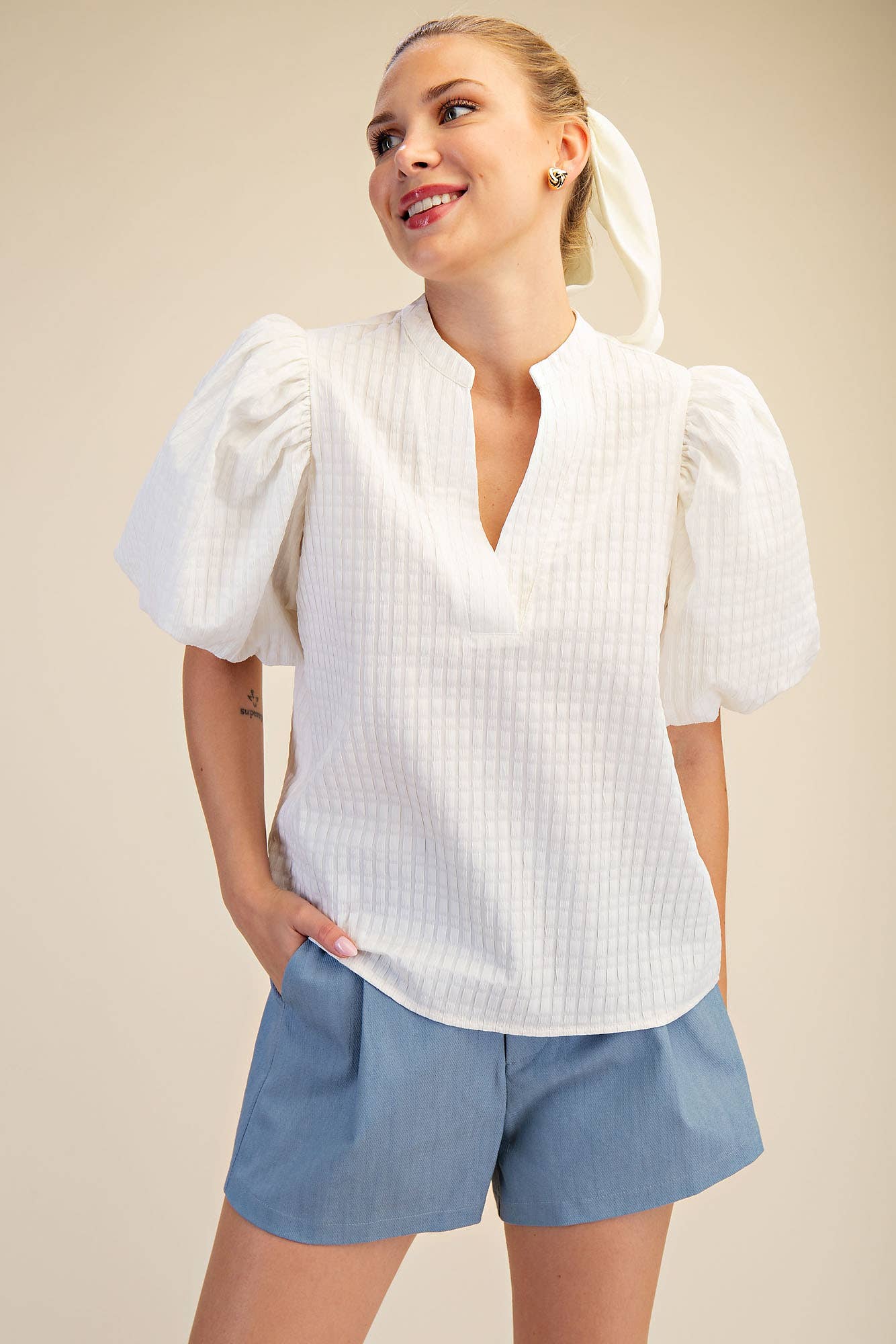 Vanna Split Neck Puff-Sleeve Textured Top