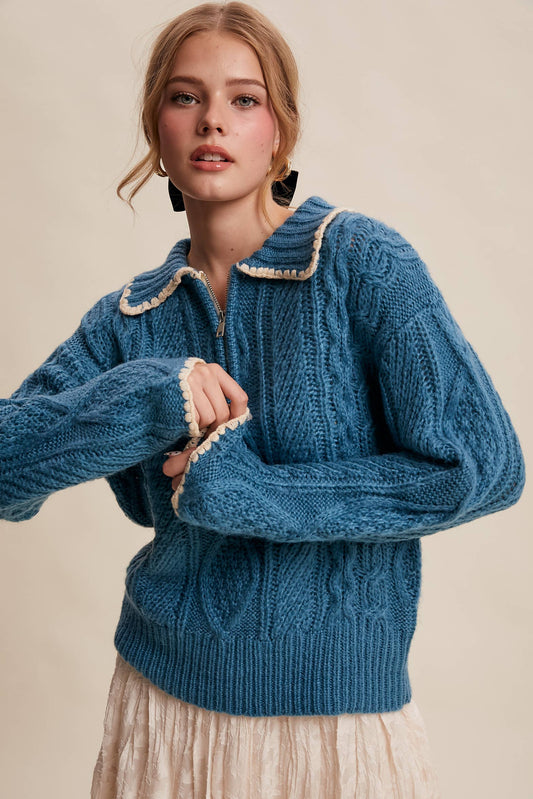 Chelsea Scallop Trim Cable Knit Half-Zip Sweater