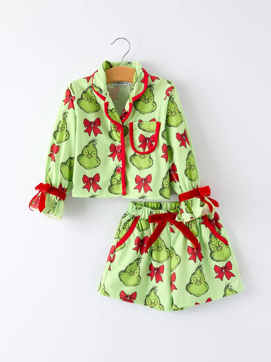Christmas Pajama Set with Bow Detail