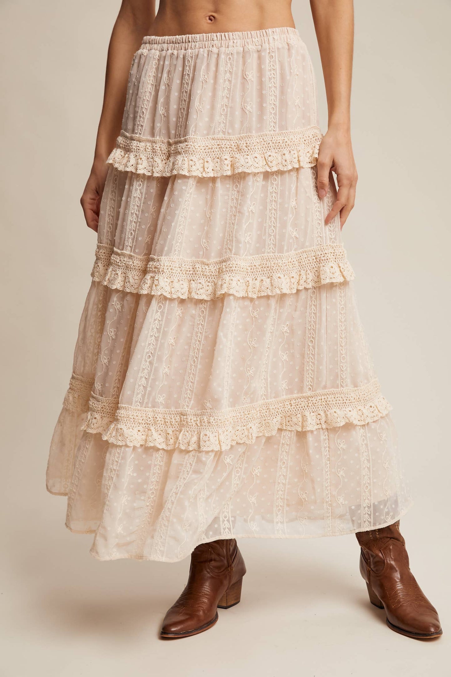 Embroidered Lace Tiered Maxi Skirt