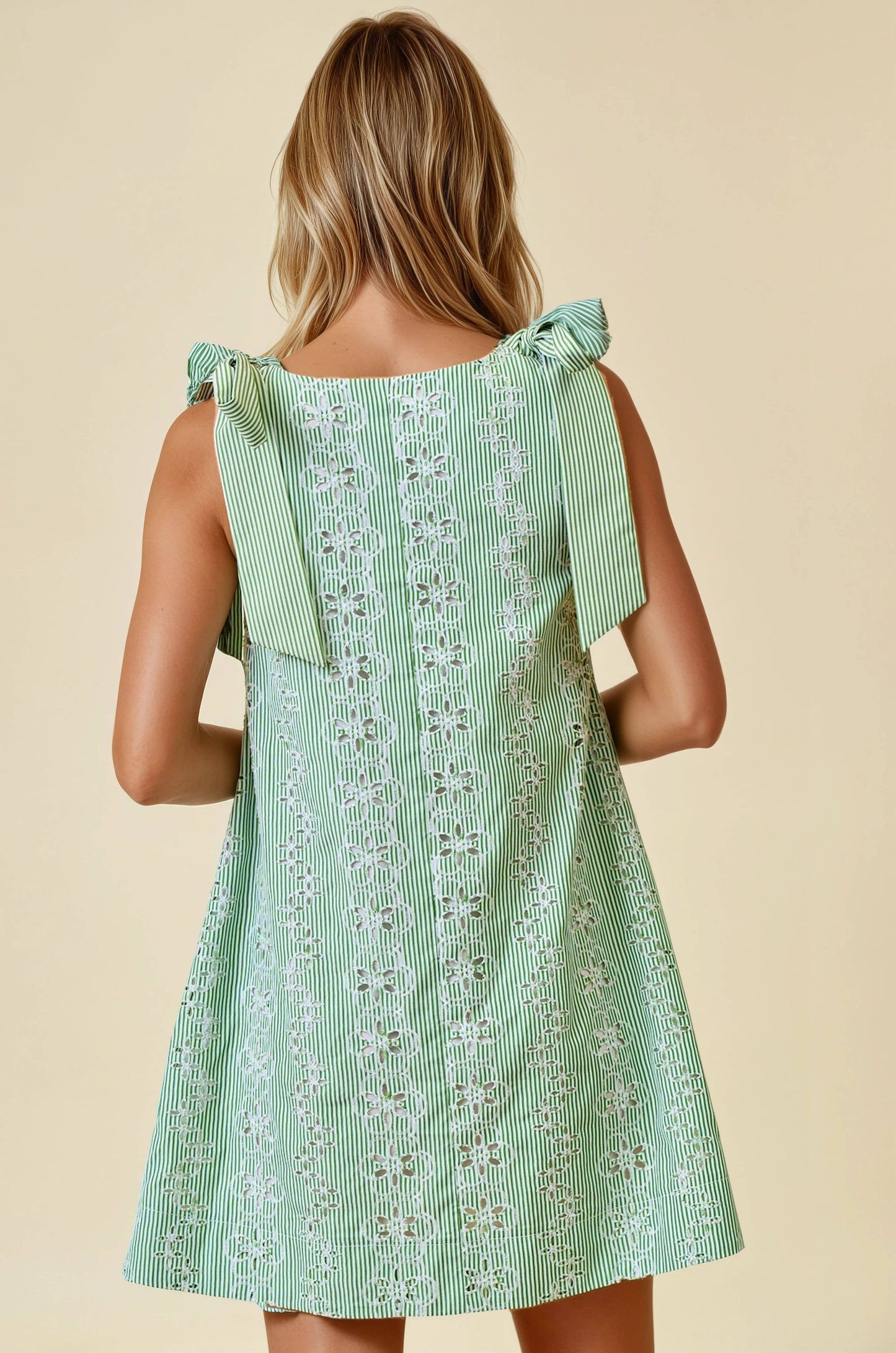 Jenna Striped Eyelet Tie Shoulder Dress