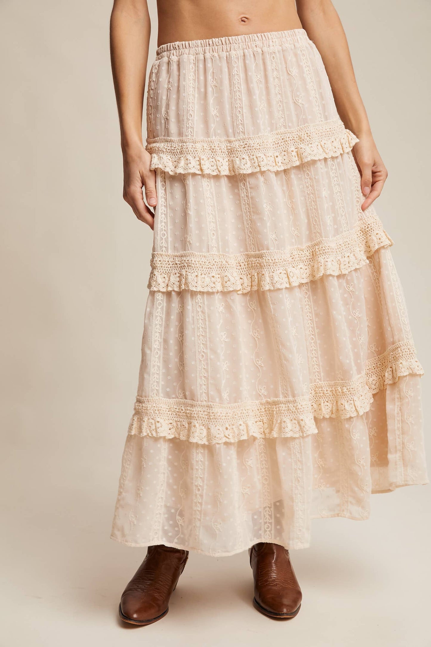 Embroidered Lace Tiered Maxi Skirt